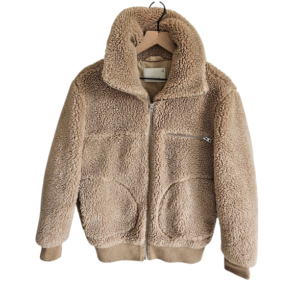 Aritzia Wilfred Free Tan Teddy Sherpa Long Sleeve Bomber Jacket Size XXS - Picture 1 of 16